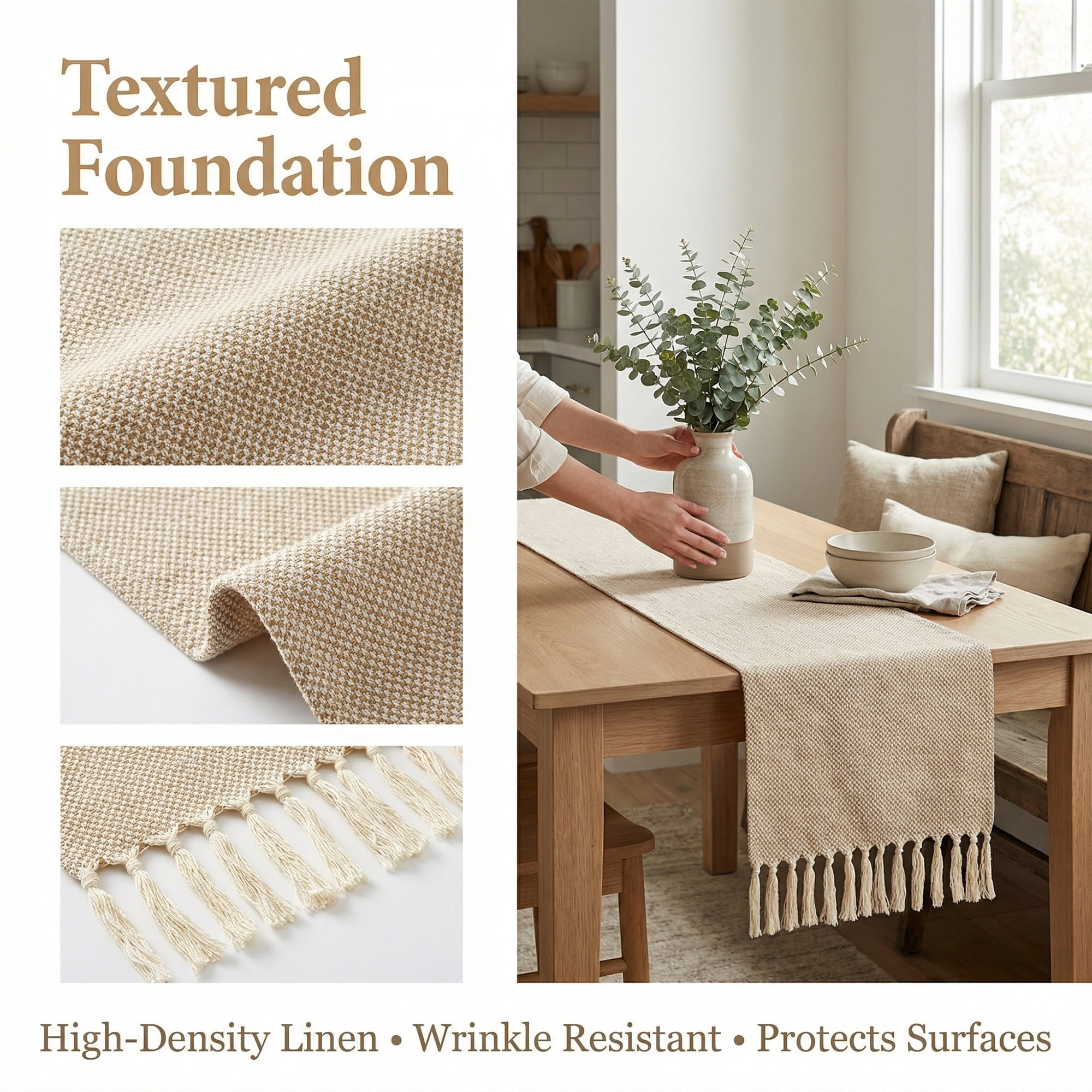 Unique Bargains Long Washable Tassels Table Runner for Decorations Waffle 13"x63"