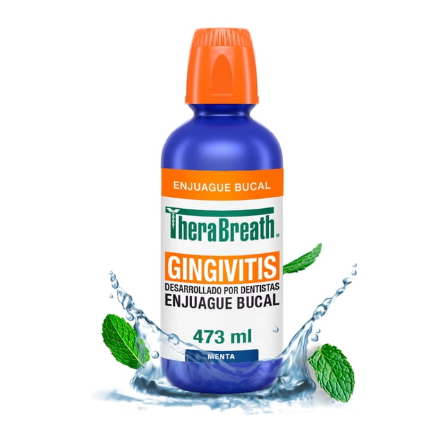 TheraBreath Enjuague Bucal Gingivitis, Sabor Menta 473 ml. Controla la Placa y Sangrado de Encías, Combate el Mal Aliento por 12 Horas
