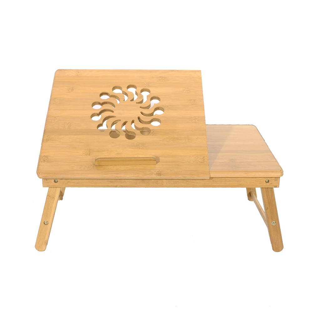 Lowestbest Folding Laptop Desk for Bed, Adjustable Bamboo Bed Table with Sunflower Engraving Pattern, Wood Color Lowestbest Folding Laptop Desk for Bed, Adjustable Bamboo Bed Table with Sunflower Engraving Pattern, Wood Color