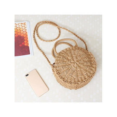 Women Straw Bag Woven Round Handbag Boho Style Girl Crossbody Bags Summer Small Without