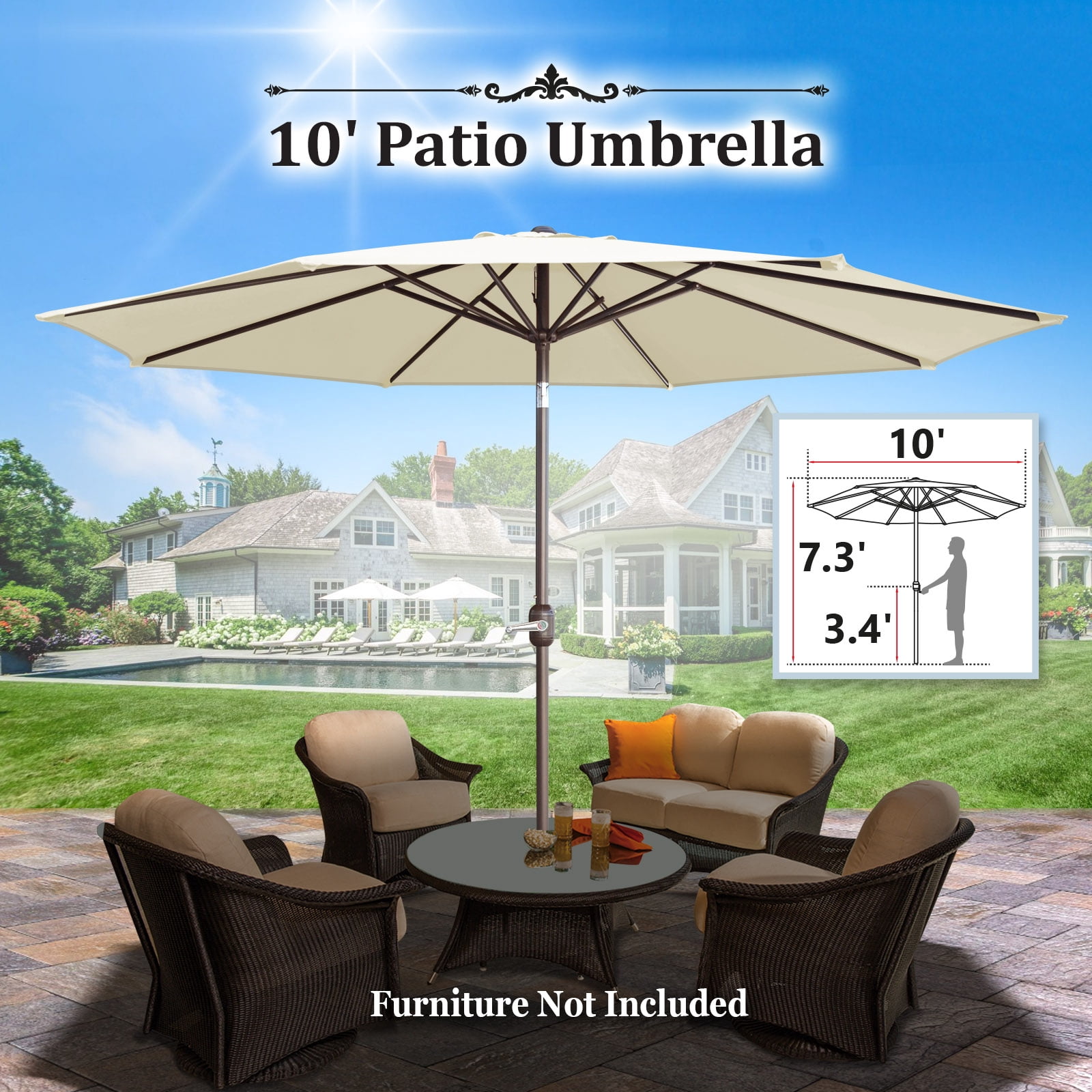 Sunrise Outdoor 10' Patio Umbrella 8 ribs with Tilt and Crank Garden Parasol Market Sunshade Umbrella (Ecru)