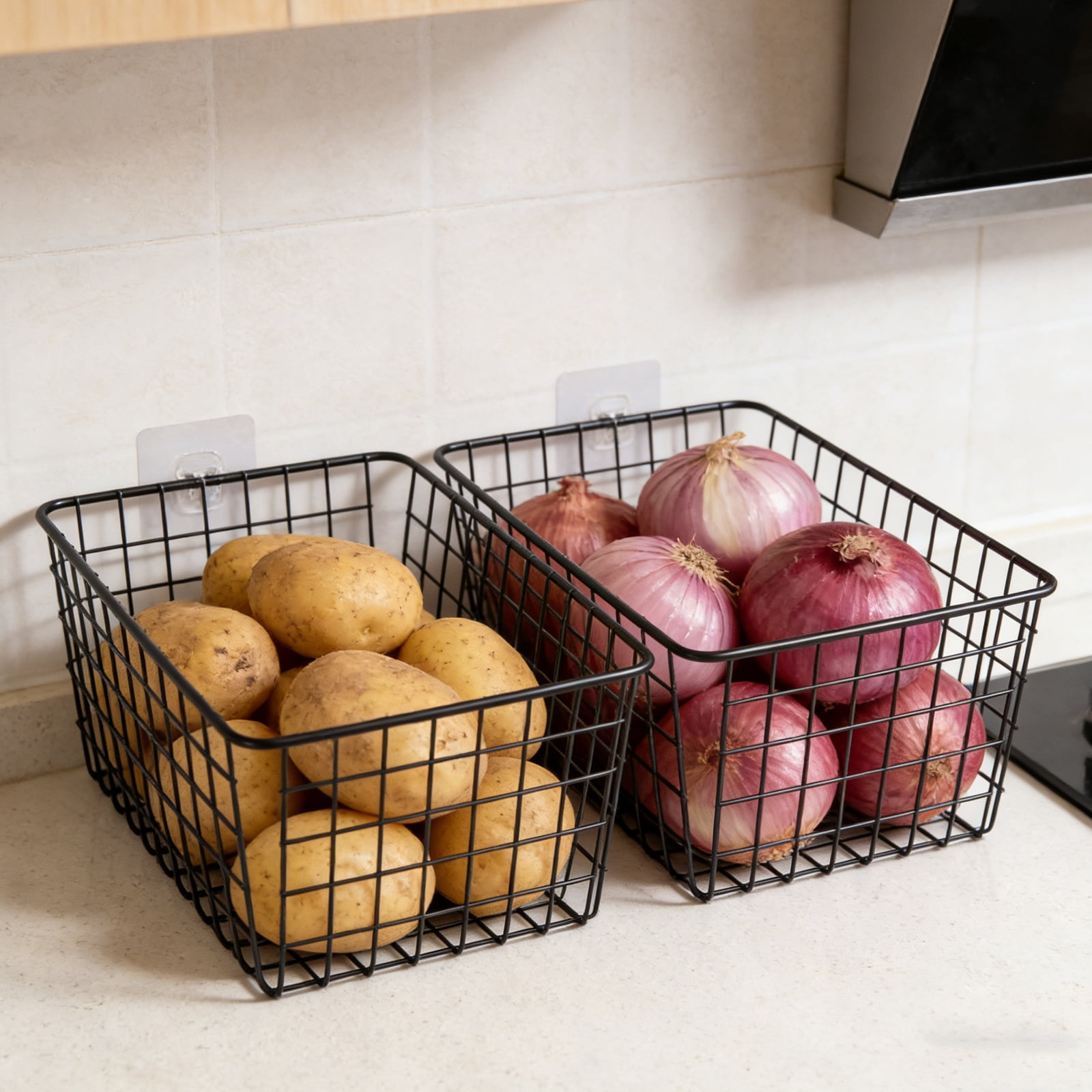 Pethiy 2-Pack Black Wire Wall-Mounted Storage Baskets, Large Capacity Metal Organizer Bins for Kitchen Onion, Potato, Fruit & Pantry Storage with Nameplate & Hooks