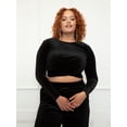 thumbnail image 2 of ELOQUII Elements Women's Plus Size Velvet Wide Leg Pants and Wrap Front Crop Top Set, 2-Piece, 2 of 5