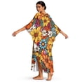 thumbnail image 2 of Xixirimido Retro 60s Hippie Flower Print Women's Kaftan Dresses Plus Size Beach Cover Up V-Neck Batwing Sleeve Swimsuit Coverup Summer Caftan Dress, 2 of 7