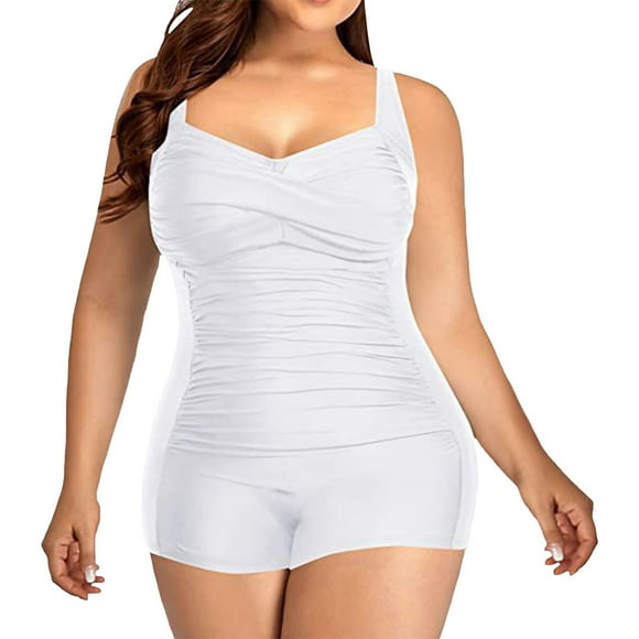 ¡Rebajas! Traje de baño de una pieza Prolriy para mujer, tallas grandes, vintage, fruncido, blanco, talla S