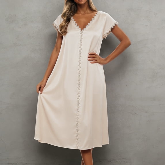 LINGLANG Women's Ice Silk V Neck Nightgown Short Sleeve Cooling Sleep Dress Lightweight Breathable Summer Lounge Dress Soft Casual Homewear Nightshirt Elegant Comfortable Sleepwear