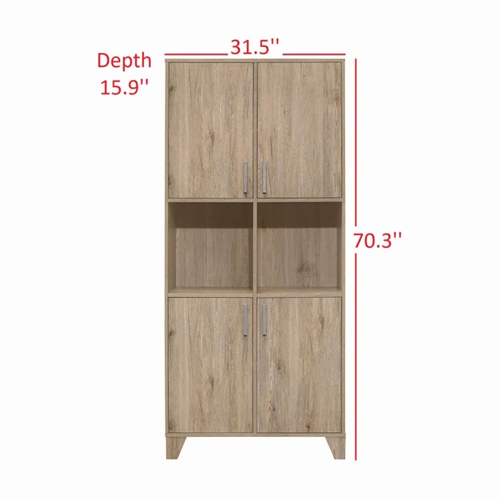 Home Design Stella Kitchen Storage Cabinet with 2 Open Shelves, 4 Doors, Metal Handles, and Wooden Legs, Modern Rectangular Design for Organized Living Space, Light Oak