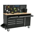 thumbnail image 3 of 61 Inch Heavy Duty Rolling Tool Chest - 10 Drawers Garage Workbench Storage Cabinet with Power Strip, Solid Rubber Wood Top & 1675 LBS Load Mobile Workstation,Black, 3 of 8