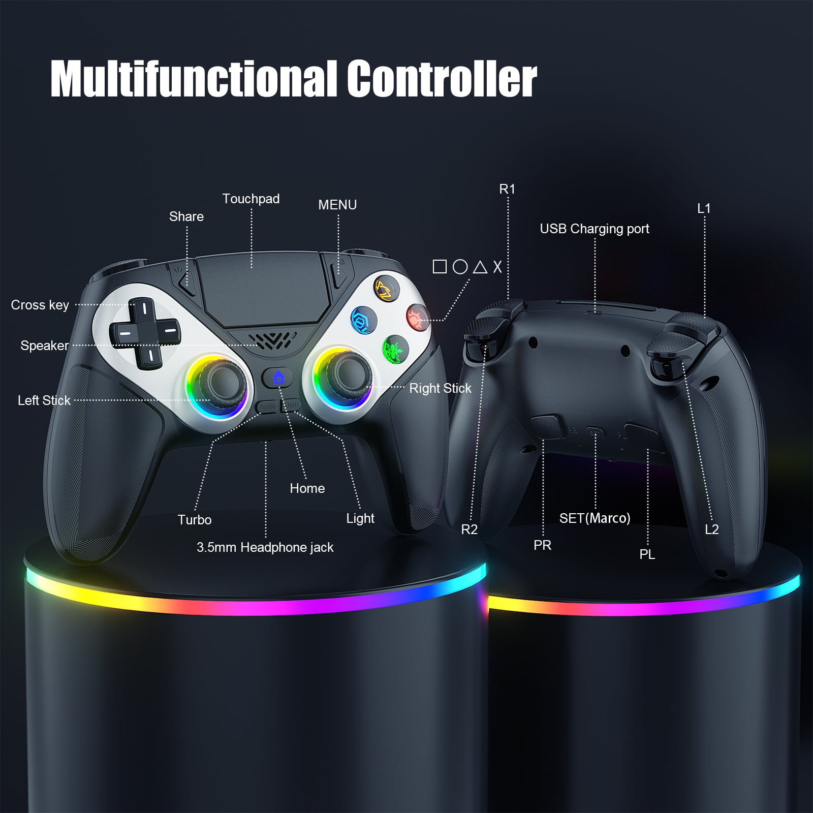 LED Wireless Controller for PS5, Compatible with PS5 Pro/Slim/PC, Dual Vibration, Macro/Turbo Function, 3.5mm Audio Jack, 6-Axis Motion Controller Gamepad with Speaker LED Wireless Controller for PS5, Compatible with PS5 Pro/Slim/PC, Dual Vibration, Macro/Turbo Function, 3.5mm Audio Jack, 6-Axis Motion Controller Gamepad with Speaker - Image 3
