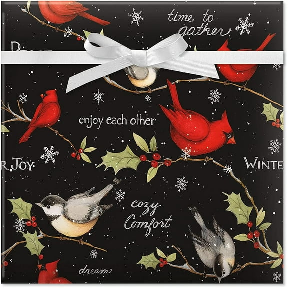 Christmas Gift Wrapping Paper Birds Snowy Botanical Winter Holiday Forest Wrap Paper Roll for Birthday, 58x23in, 1 Roll