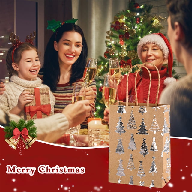 Aufmer 40 Pcs Silver Snowflake Gift Tote, Christmas Tree Design Packaging, Flat Bottom Holiday Party Bag, Kraft Paper Present Sack(Multicolor)