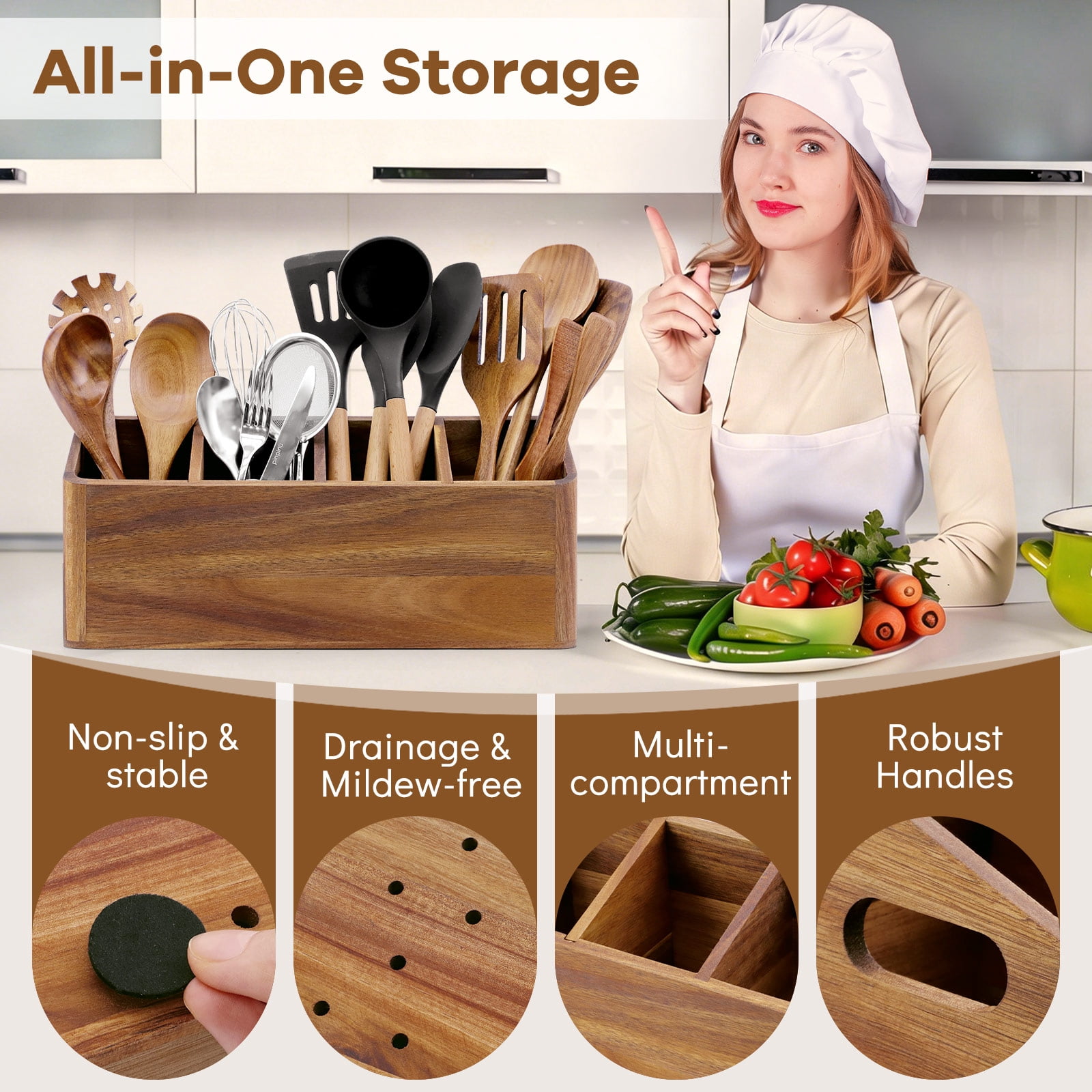 WETRBWEH Wooden Kitchen Utensil Holder with Spoon Rest, Extra Large Acacia Wood Utensil Organizer for Counter with 4 Compartments, Rustic Container