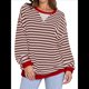 thumbnail image 1 of Sudaderas A Rayas para Mujer, Camisetas de Larga con Cuello Redondo de Gran Tamaño, Jersey Y2K, Ropa de Moda de Otoño Rojo L, 1 of 8