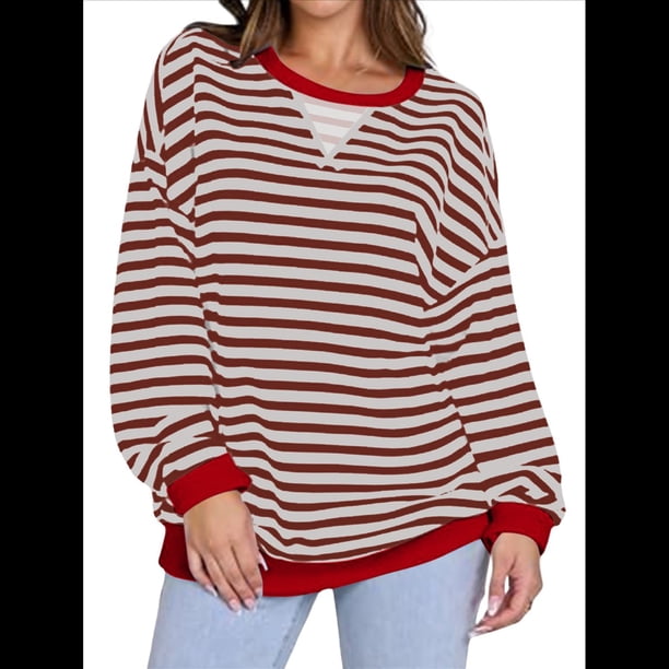 Sudaderas A Rayas para Mujer, Camisetas de Larga con Cuello Redondo de Gran Tamaño, Jersey Y2K, Ropa de Moda de Otoño Rojo L