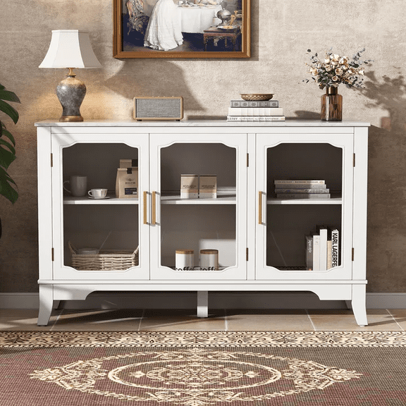 YIYADO Modern Farmhouse Sideboard Buffet Cabinet with Storage 3 Doors, 47" Buffet Cabinet with Storage, Wooden Coffee Bar Cabinet with Adjustable Shelves, White