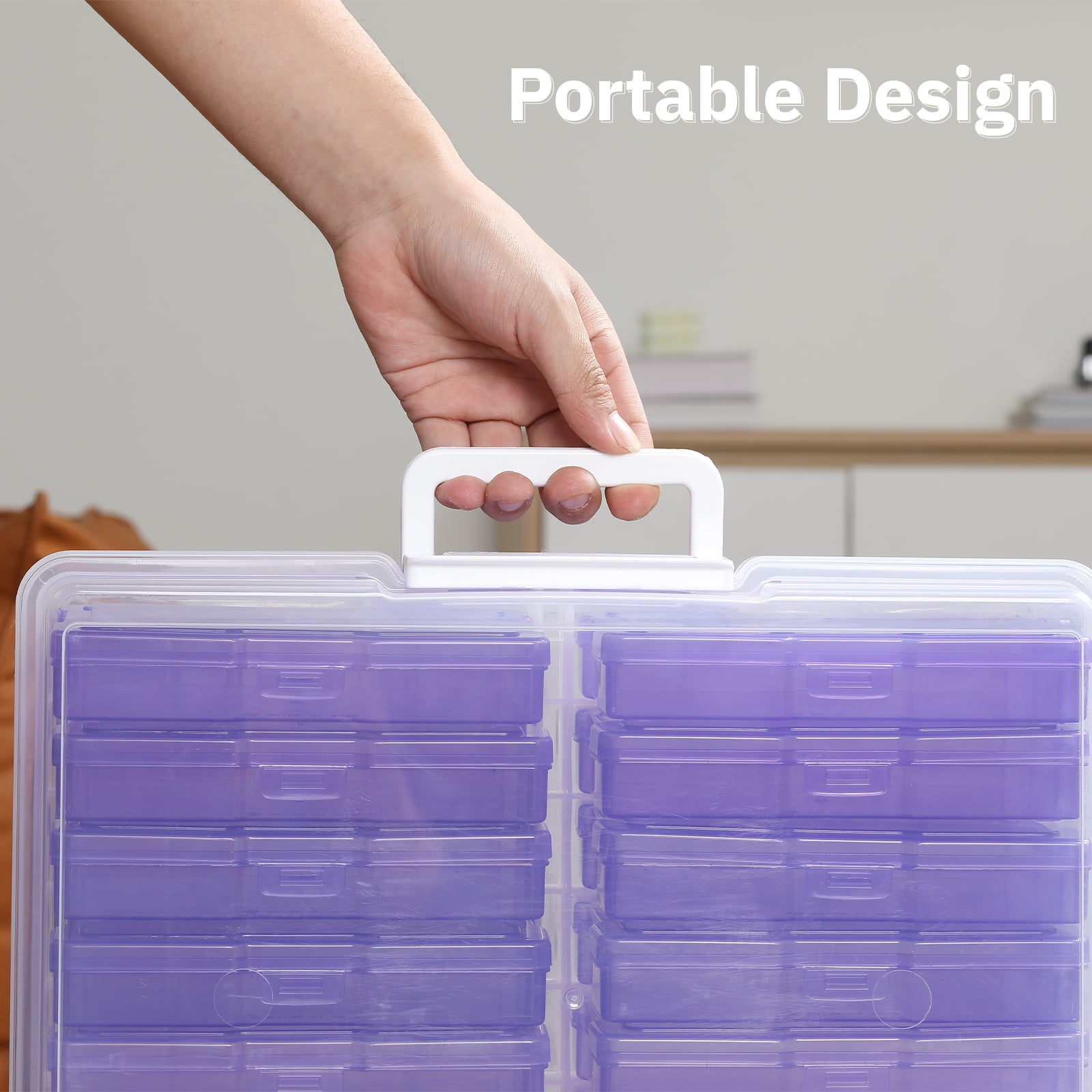 Novelinks Photo Storage Box with 16 Inner 4" x 6" Photo Case Organizer Box and Craft Keeper with handle for Photo Puzzles Cards Seed Packets,4 Purple Colors