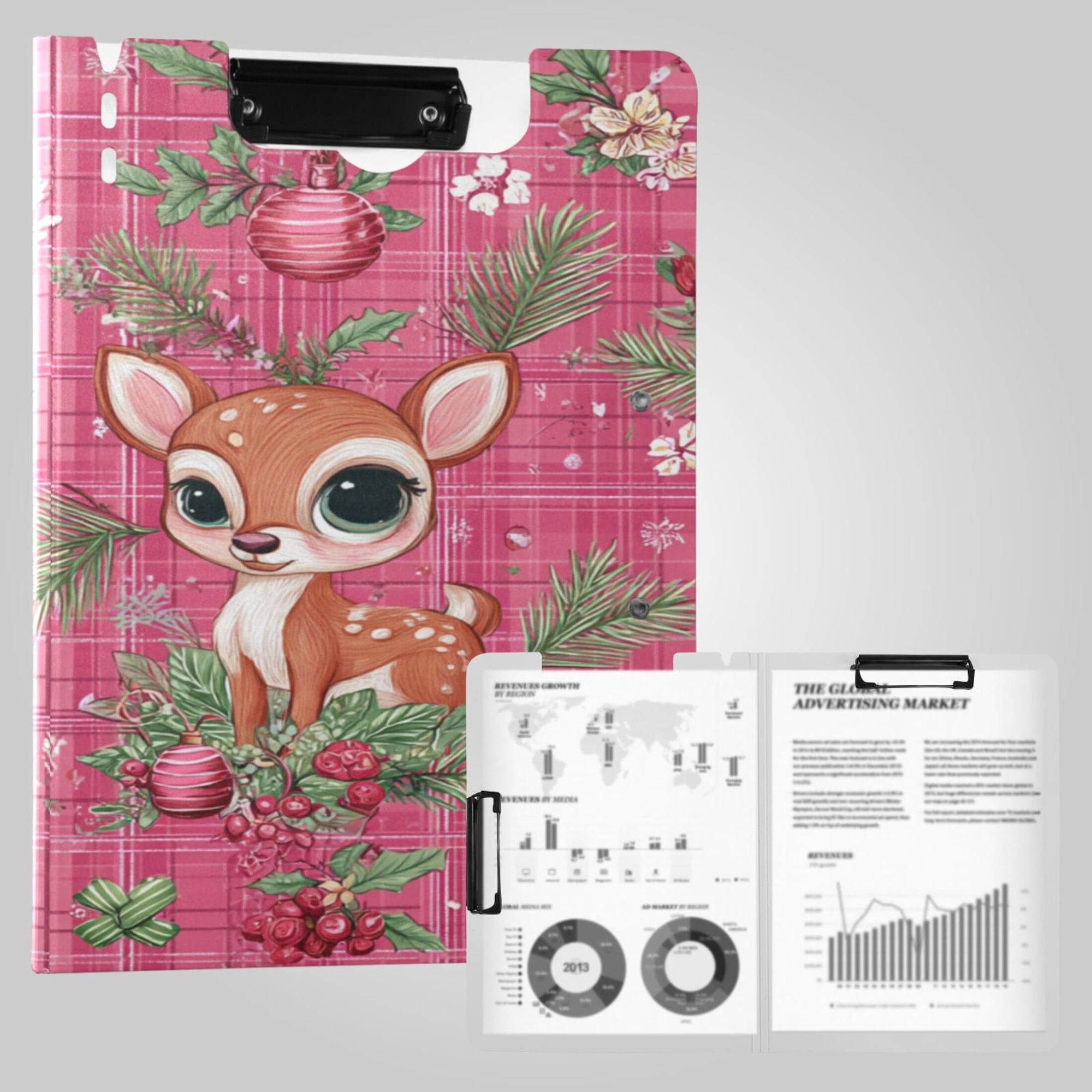 Foldable Binder Clipboards 360°Portable Plastic Folder Clipboard Extra Large Capacity Organizer Binder 18.9" x 12.6" for College Office Home Cute Adorable Baby Deer
