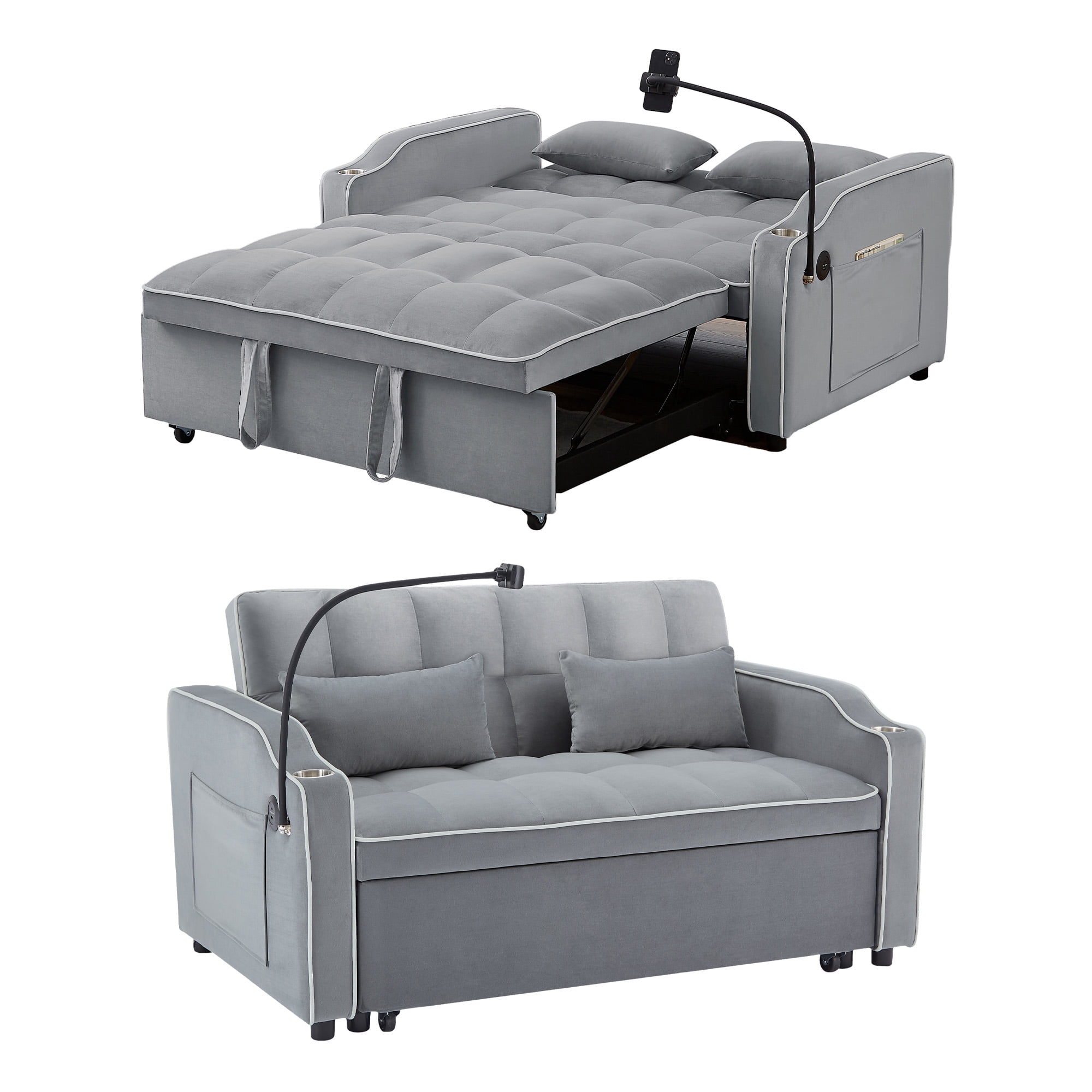 Aukfa Pull Out Sofa Bed, Convertible Loveseat Sleeper Sofa Couch with USB Port, Cup Holders and Swivel Phone Holder, Gray