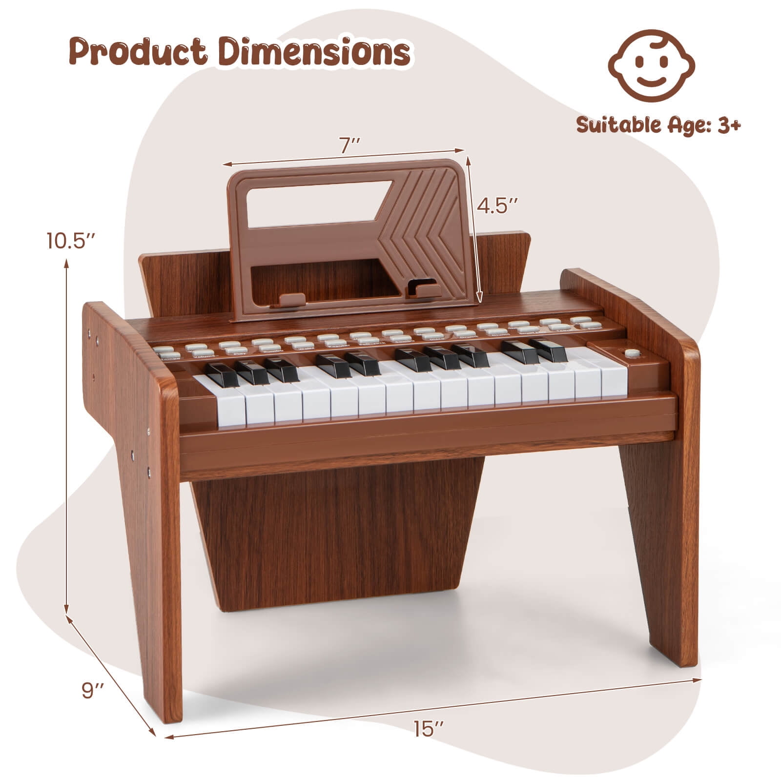 Costway 25 Keys Digital Piano with Music Stand,Teaching Mode,Lighted Keys, Adjustable Speed Brown