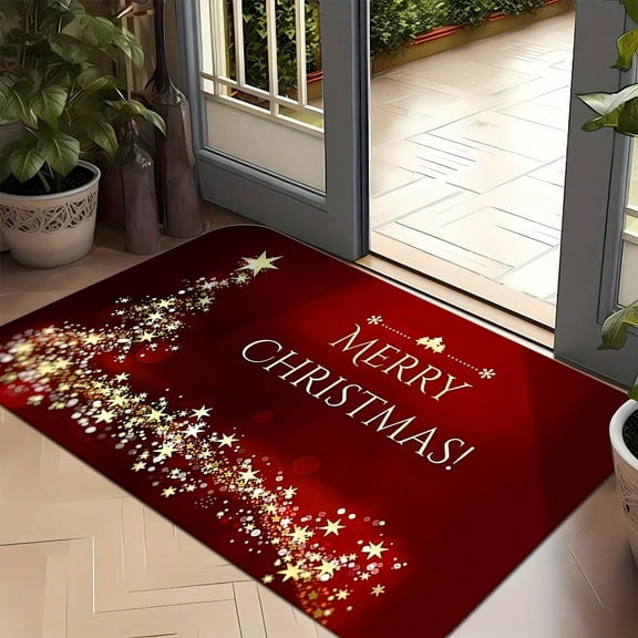 Christmas Welcome Doormat – Merry Christmas Sparkling Stars Pattern, Machine Washable, Holiday Rug for Living Room, Bedroom, Kitchen & Office