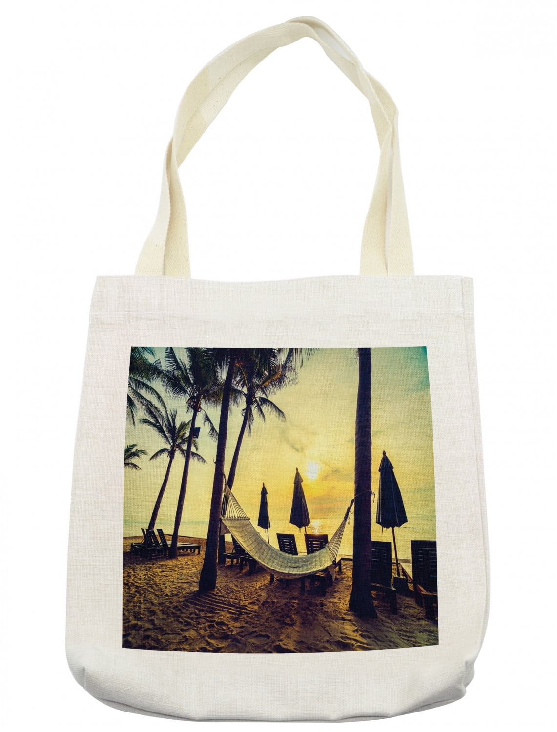 Beach Tote Bag, Hammock on The Sandy Beach Between Palm Coconut Overlooking Sea Nature Art, Cloth Linen Reusable Bag for Shopping Books Beach and More