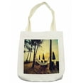 thumbnail image 1 of Beach Tote Bag, Photo of Empty Hammock on Beach at Sunrise Time with Coconut Palm Tree Exotic Print, Cloth Linen Reusable Bag for Shopping Books Beach and More, 16.5" X 14", Cream, by Ambesonne, 1 of 2