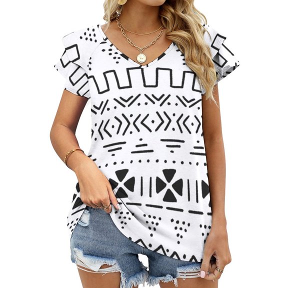 African Mudcloth C Lotus Leaf Neck T-Shirt Long Sleeve Printed Fall T Shirts Women Spring Tee Tops African Mudcloth Pattern