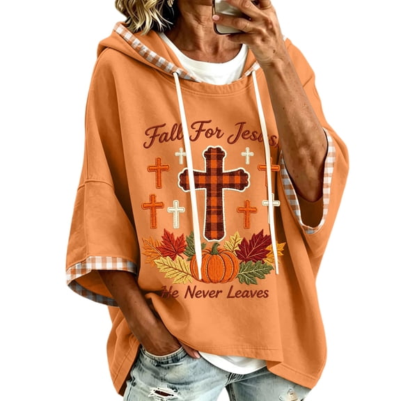 Arlun Women's Fall for Jesus He Never Leaves Hoodies Drop Shoulder 3/4 Sleeve Hooded Sweatshirt Vintage Plaid Pumpkin Maple Leaf Print Casual Loose Pullovers Orange XL