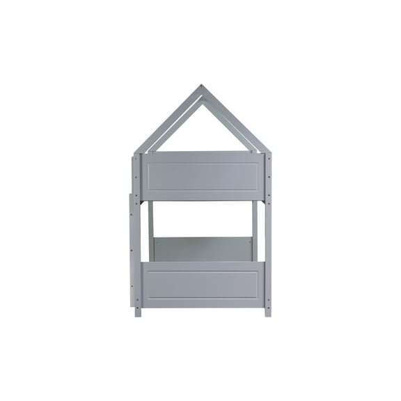 Twin over Twin House Floor Bunk Bed w/ Guardrails & Ladder, Light Grey