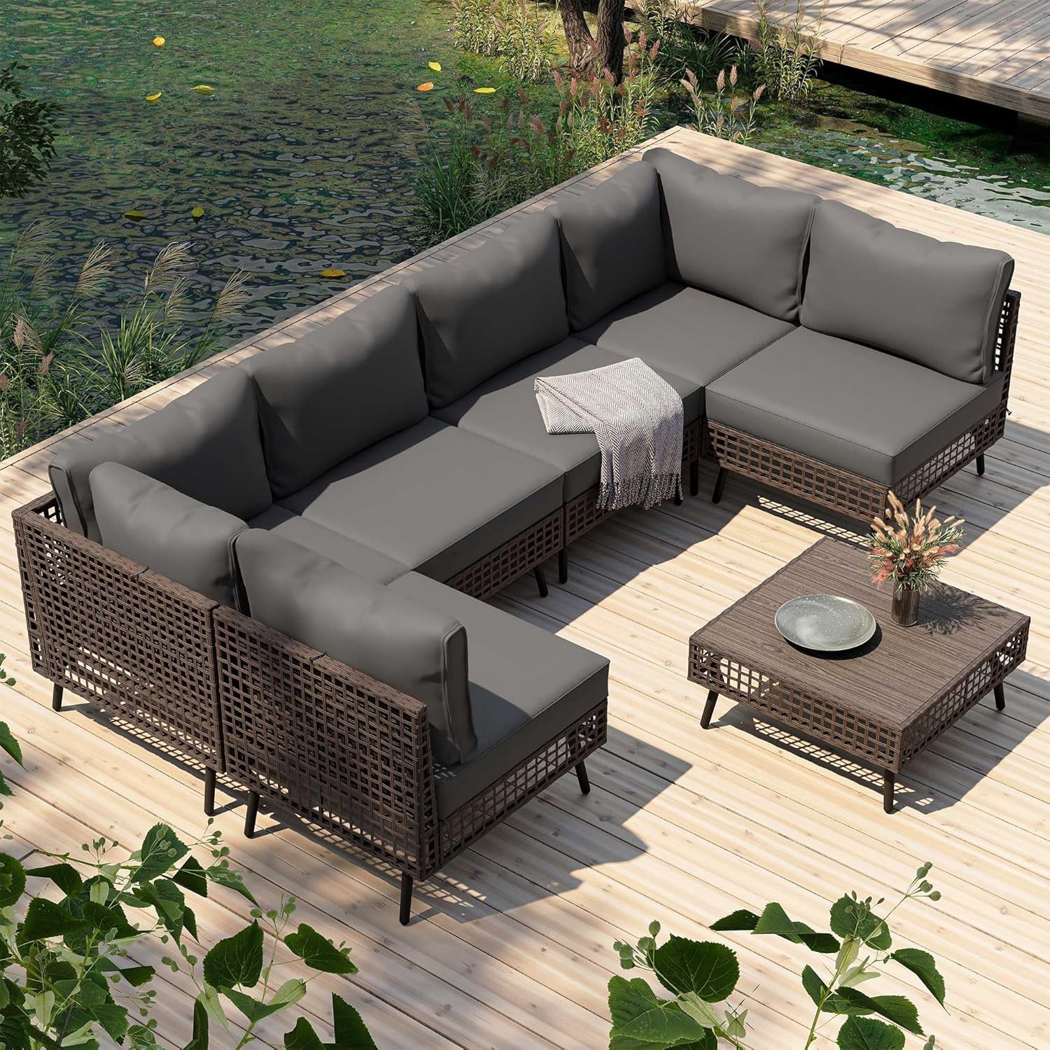 KAMEROUT 7-Piece Outdoor Wicker Patio Furniture Conversation Set, Sectional Sofa with Cushions, Gray