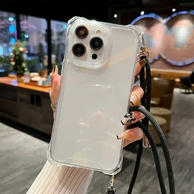 Étui Transparente Antichoc avec Sangle Réglable pour iPhone 16, 15, 14, 13, 12, 11, X, 8, 7 Séries