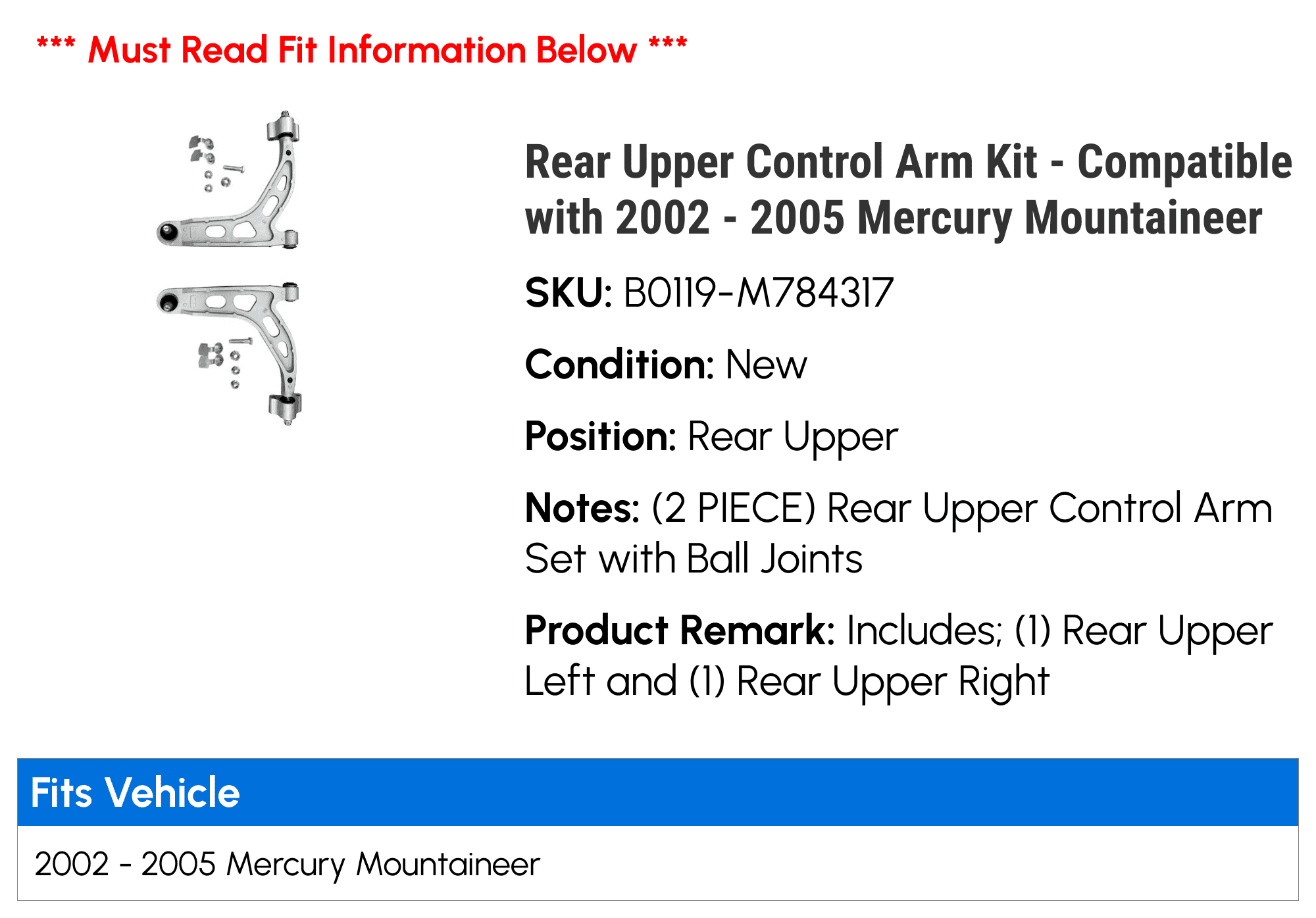 Rear Upper Control Arm Kit - Compatible with 2002 - 2005 Mercury Mountaineer - Replacement