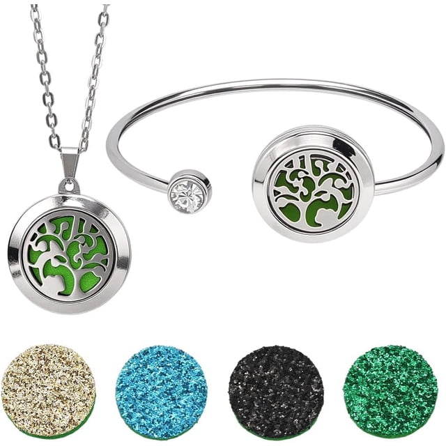 1Pc Essential Oil Necklace and Bracelet 1Pc Oil Diffuser Jewelry Set Total 10Pcs Refill Pads Tree of Life Stainless Steel Bangle Aromatherapy Locket Pendant Bracelets for Women Gifts