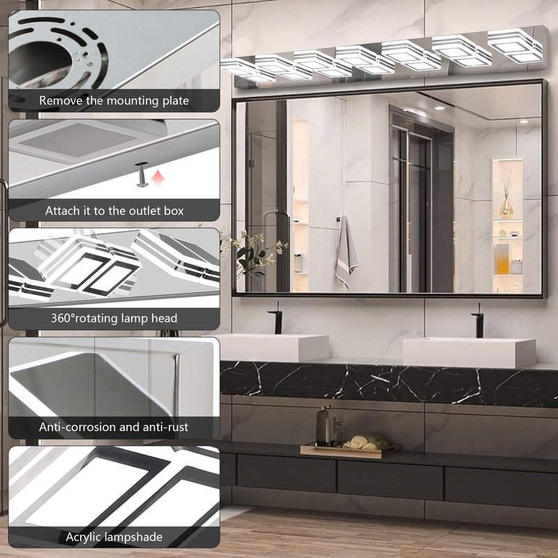 45" Modern Chrome 7-Light LED Vanity Light with Square Acrylic Shades, Hardwired Wall Mount Bathroom Lighting Fixture for Mirror, Powder Room, or Bedroom Décor