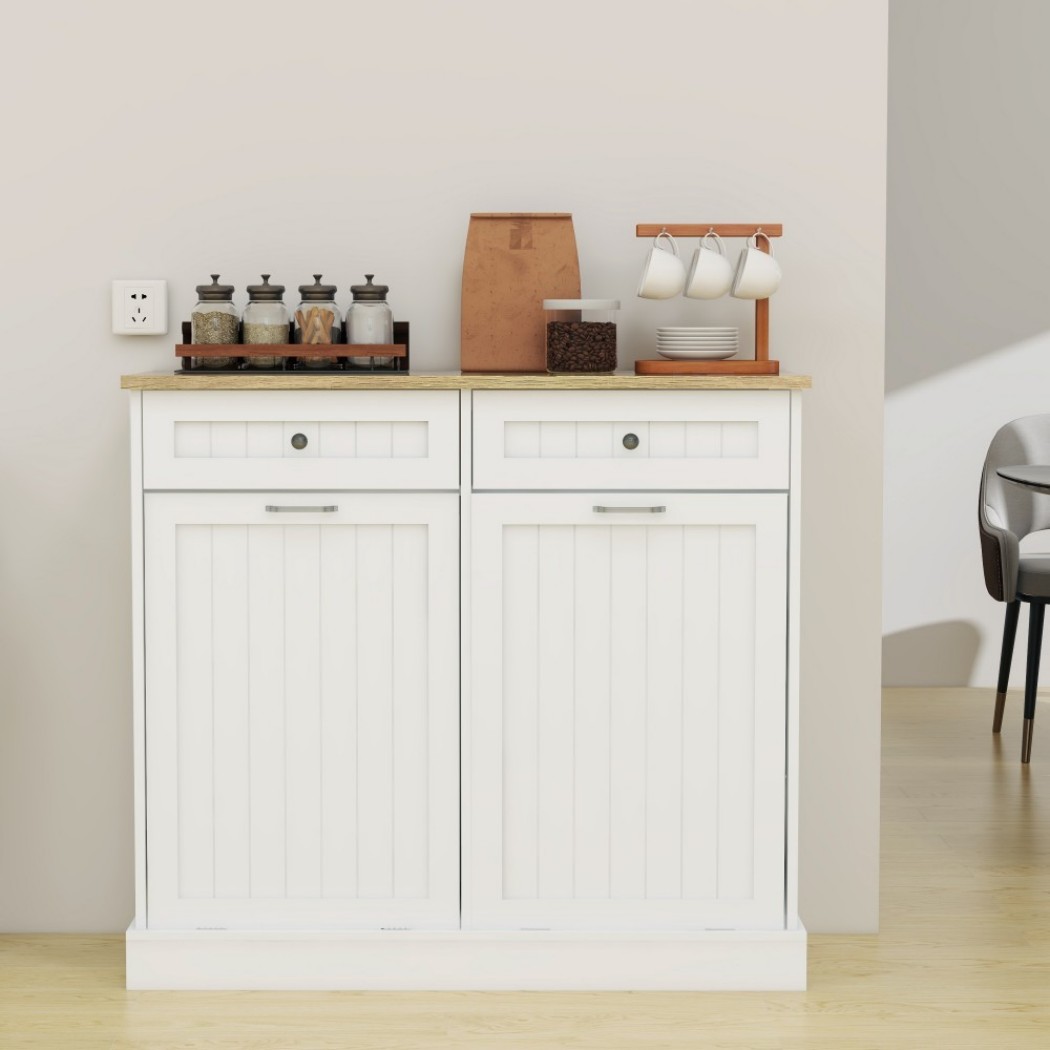 Trash Cabinet with 2 Tilt-Out Compartments and 2 Drawers, Kitchen Trash Can Cabinet with Storage, White Freestanding Garbage Cabinet