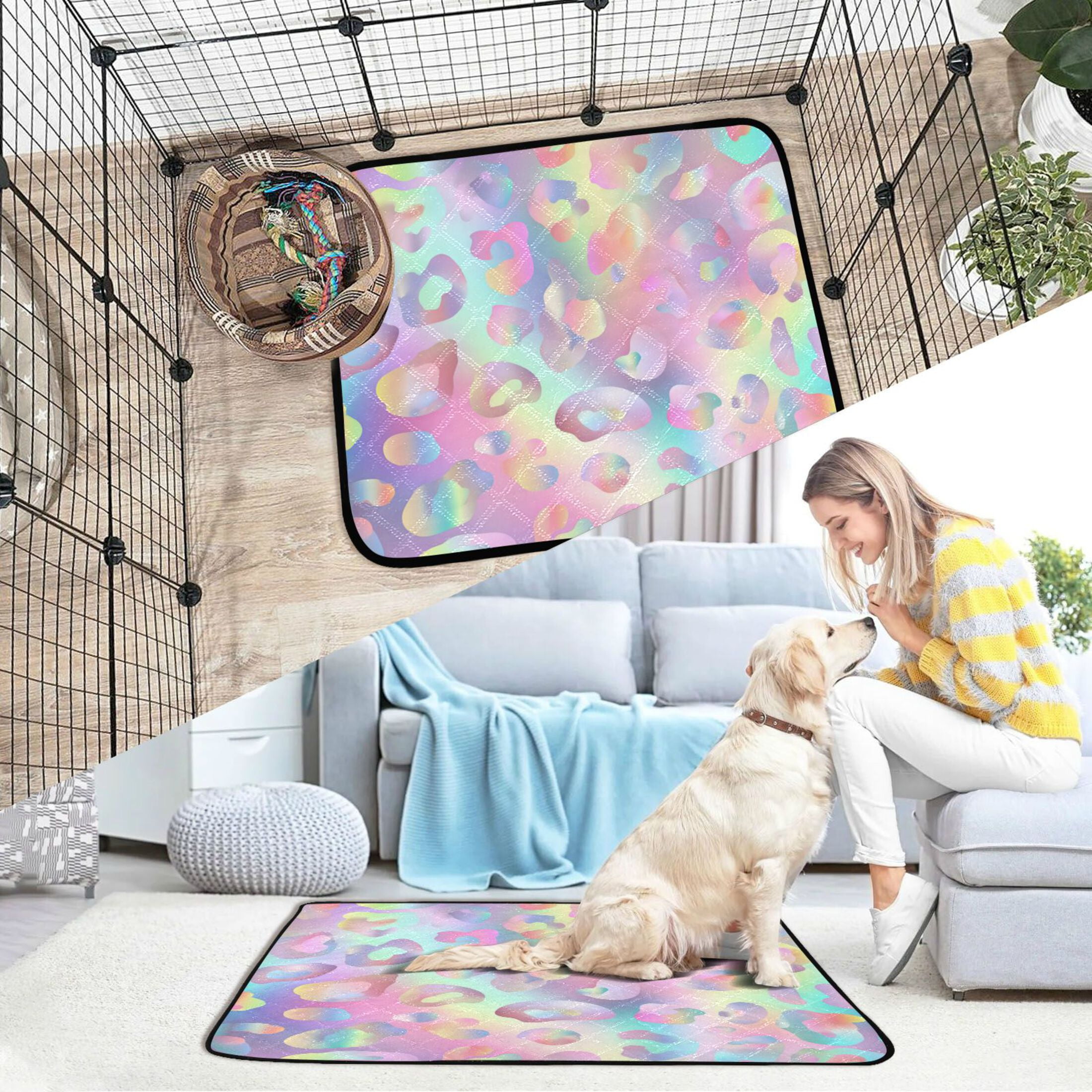 Qxltty Colorful Leopard Print Cat litter Pads Pet Set of 2 Diaper Mats Center Anti-leakage Layer Absorbent Soft and Comfortable