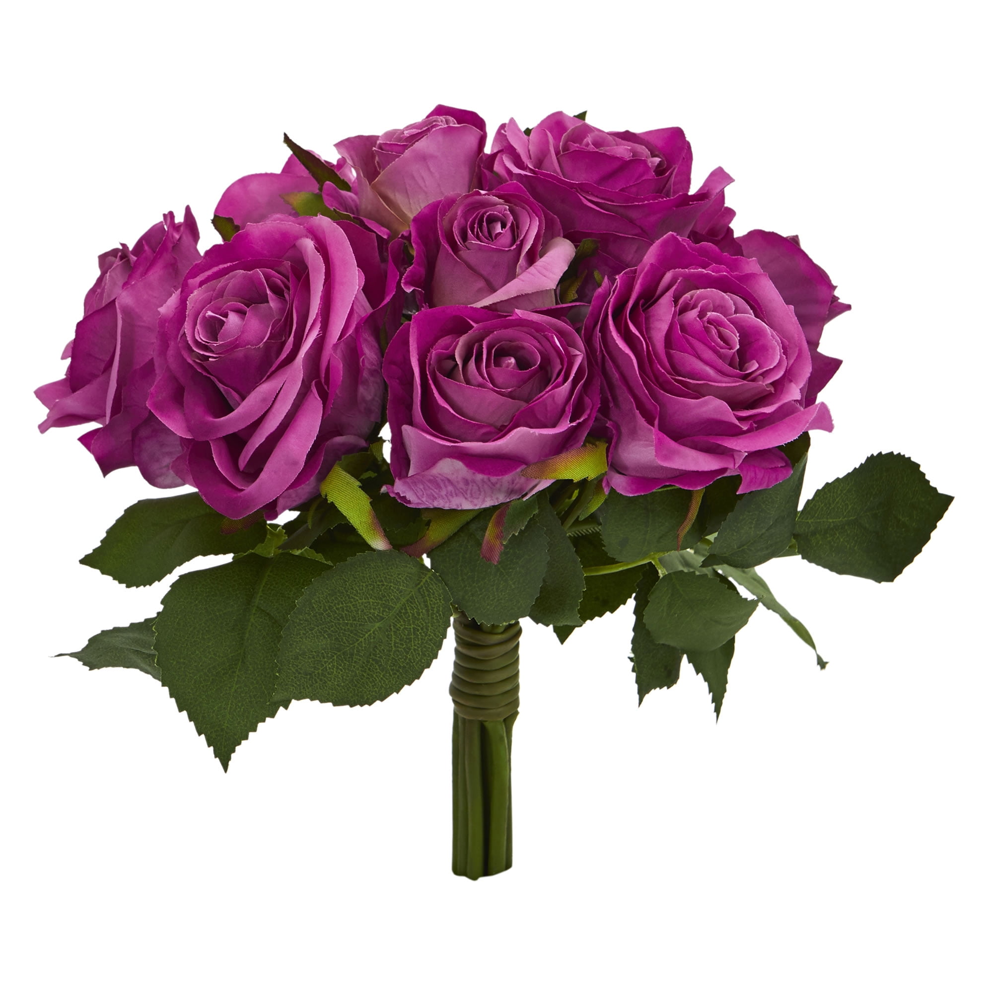 Nearly Natural Rose Bush Artificial Flower Stem Bunch, Set of 2, Purple