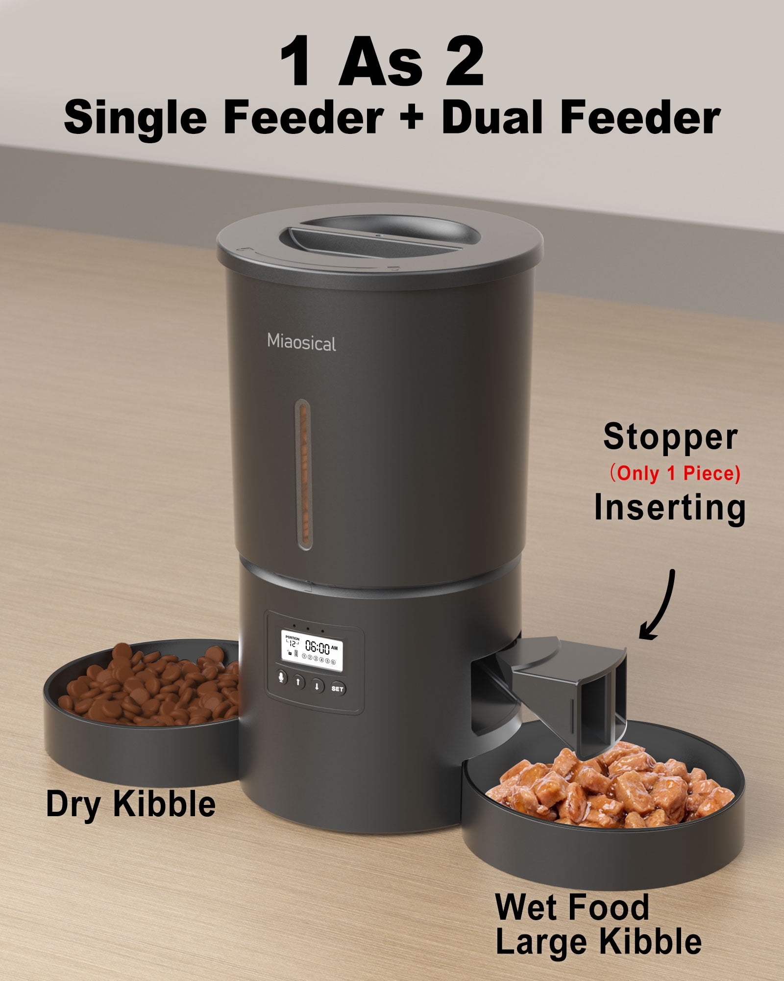Miaosical Dual Automatic Cat Feeder 2 Cats,6 Meals/Day,12 Portions/Meal,4.2L Dual Power Double Bowls Feeder,Dry Food Auto Pet Dispenser,10S Voice Record,Flexible Schedule Timer