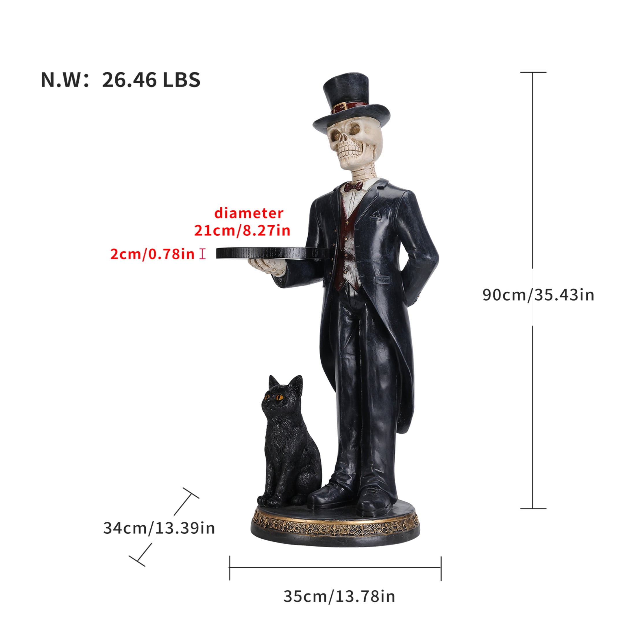 Noble House Halloween Skeleton Butler Floor Statue with Serving Tray & Black Cat, Entryway Decorative Figurine, Black