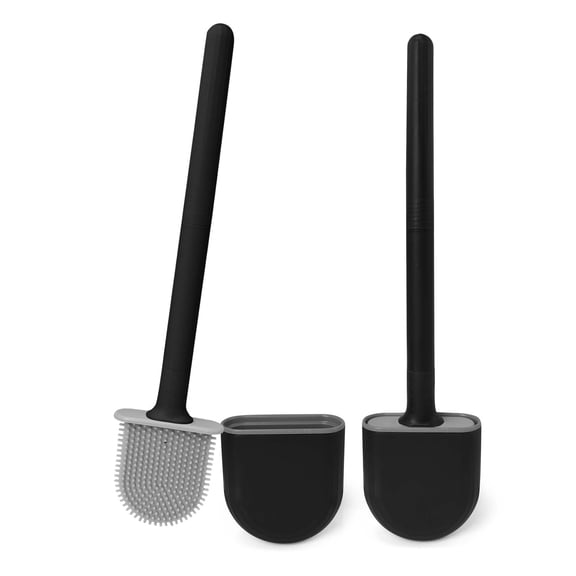 Flexible Toilet Brush and Holder Set - Silicone Bristle Head for Under Rim Reach, Vented Base for Storage, 2 Pack ( Black )