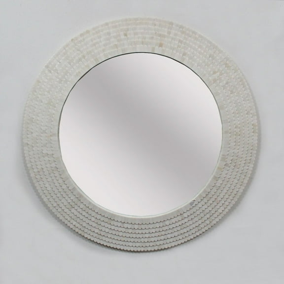 RUDRAKSHA CORPORATION Round Bone Inlay Mirror Frame, Off-White Scalloped Pattern, Monochrome Wall Mirror for Modern, Coastal, or Minimalist Decor
