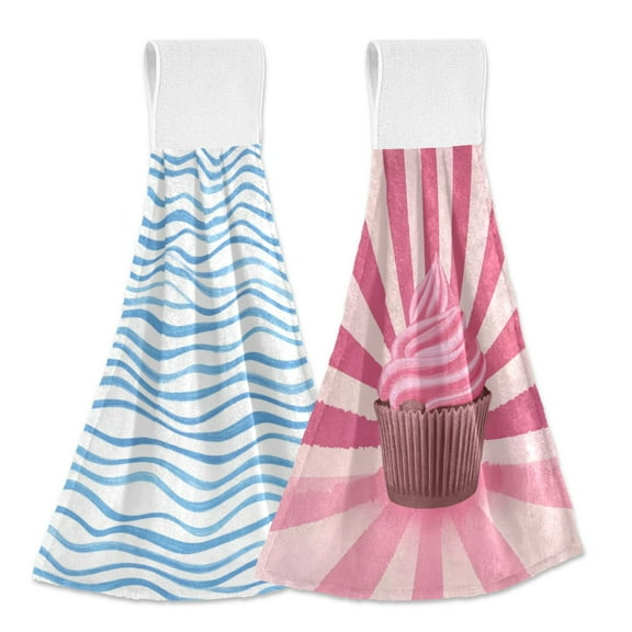IAUYY Kitchen Hanging Towels Set of 2 100% Polyester Absorbent, Super Soft Hand Towels with Hanging Loops for Bathroom Kitchen Perfect Pink Cupcakes