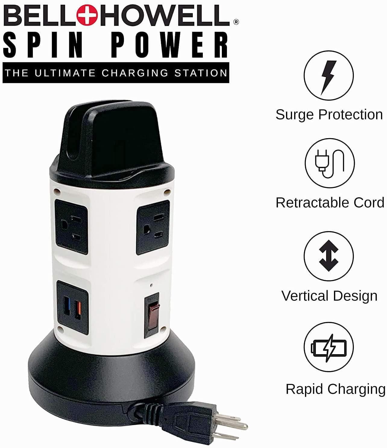 Bell + Howell Spin Power Station de Charge avec Parafoudre – 4 Prises, 6 Ports USB, Cordon Rétractable de 7 Pieds, Support Téléphone Intégré