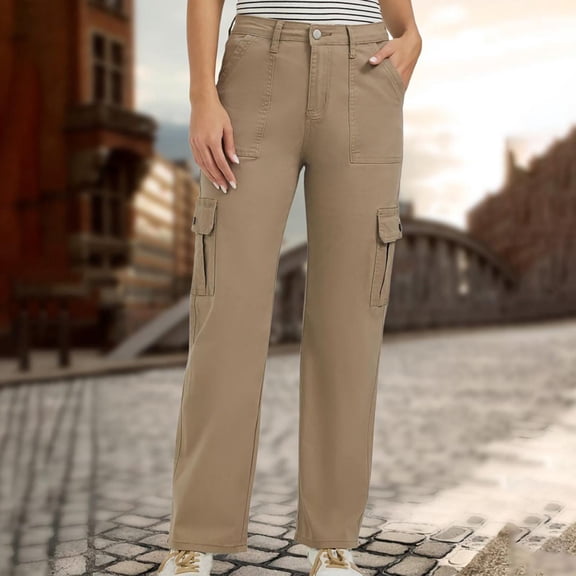 uublik Jeans Womens High Waisted Straight Jeans Loose Wide Leg Stretchy Denim Pants with Pockets, Khaki