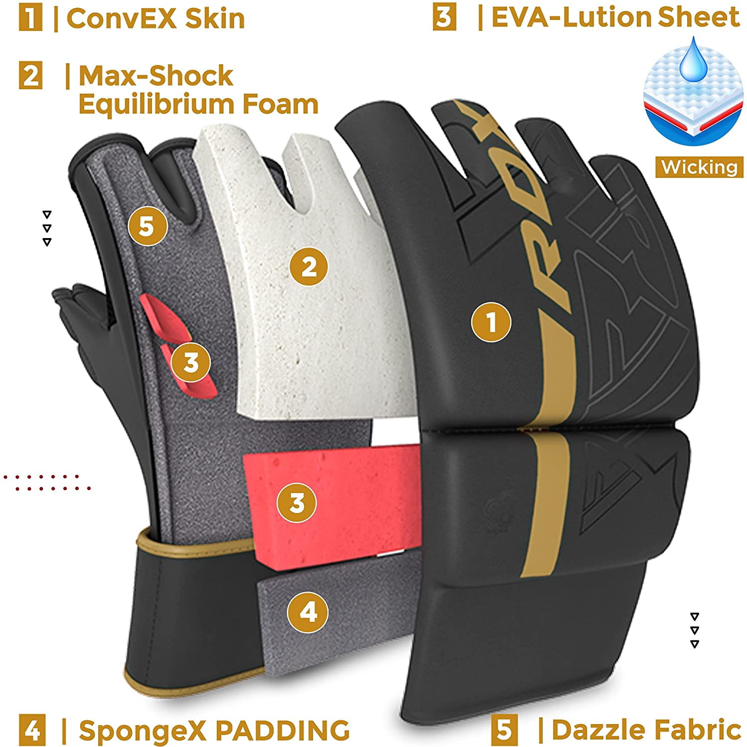 RDX MMA Boxing Gloves Grappling Sparring, Pre-Curved Martial Arts Mitts, Ventilated Palm, Maya Hide Leather KARA, Golden, Large