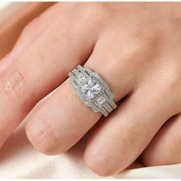 3.00Ct Princess Cut Simulated Diamond Engagement Women's Bridal Ring Set 14k White Gold Plated 925 Silver