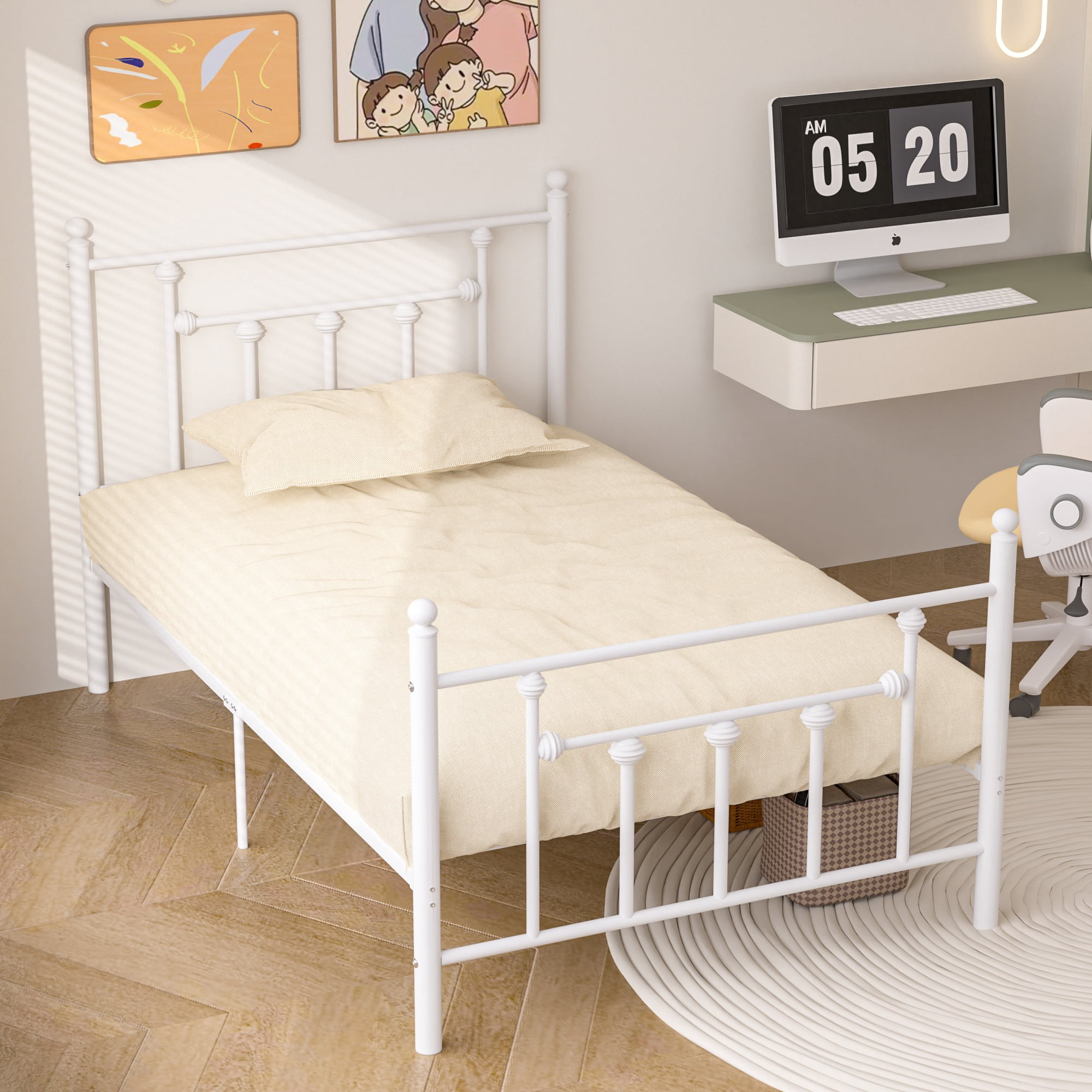 VECELO Twin Size Metal Platform Bed Frame with Headboard & Footboard, Heavy Duty Steel Slats, White