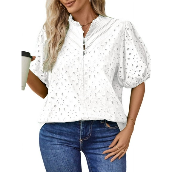UVN Summer Blouses for Women Short Sleeve Shirts Ladies Hollow Out Lace Blouse V Neck Dressy Casual Tops
