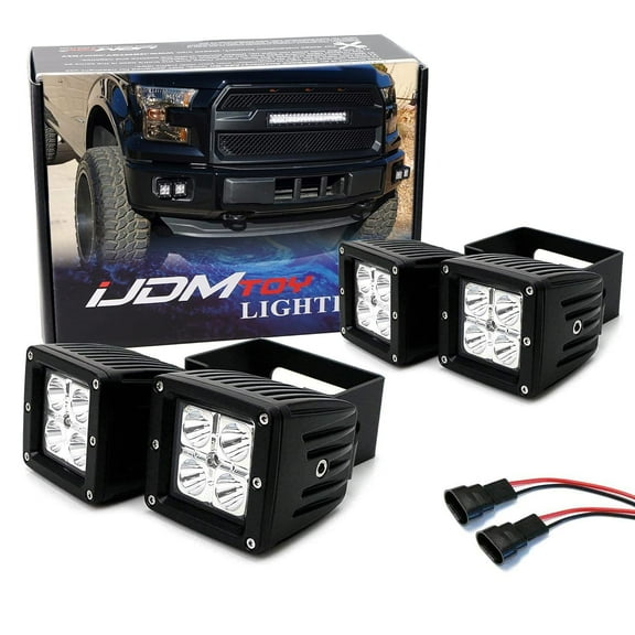 Dual LED Pod Light Fog Lamp Kit For 2015-20 Ford F150, 2017-22 F250 F350, Includes (4) 20W High Power LED Cubes, Foglight Location Mounting Brackets, Wiring/Adapter Harnesses