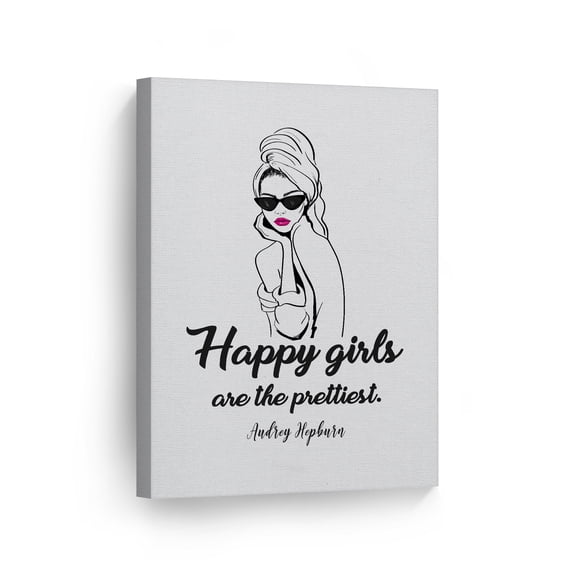 Smile Art Design Happy Girls are the Prettiest Motivational Quote by Audrey Hepburn Glam Fashion Canvas Wall Art Print Office Girls Room Dorm Bedroom Living Room Wall Decor Ready to Hang 22x15